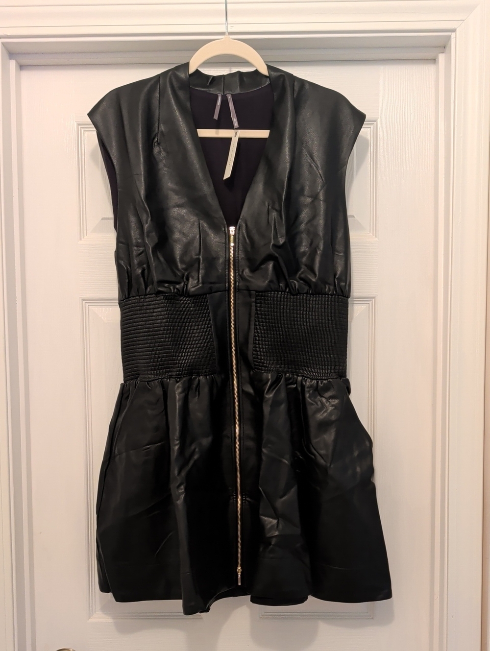 Anthropology Black Faux Leather Zip Front Dress